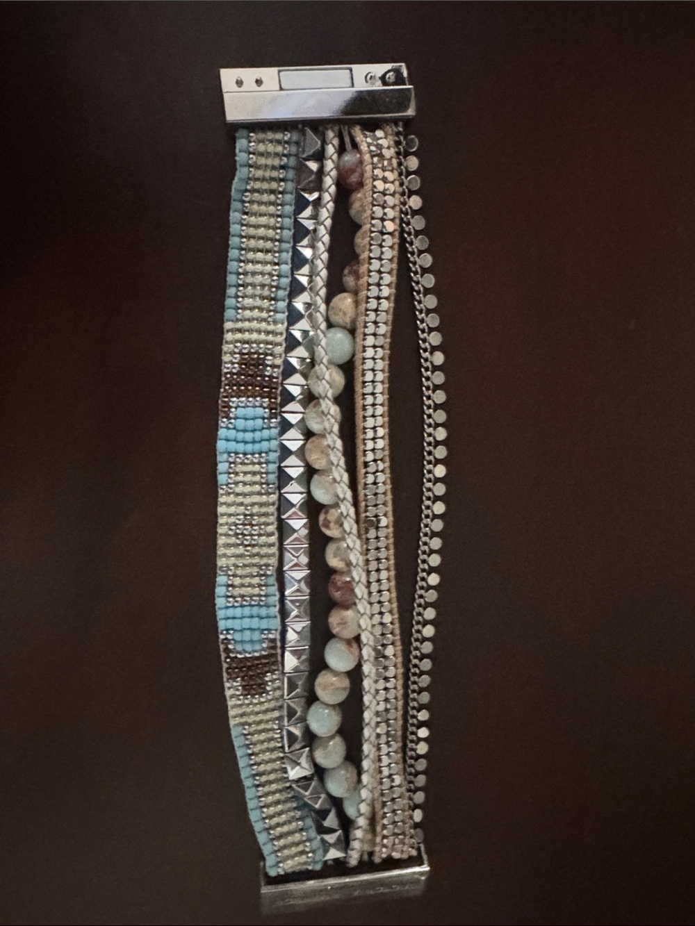Turquoise Multi-Strand Beaded Bracelet with Silver Accents - Women Jewelry